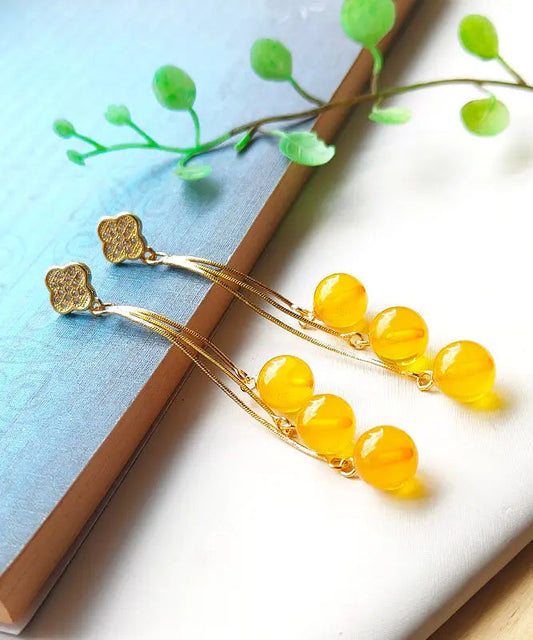 Modern Yellow Sterling Silver Overgild Inlaid Amber Beeswax Drop Earrings Ada Fashion