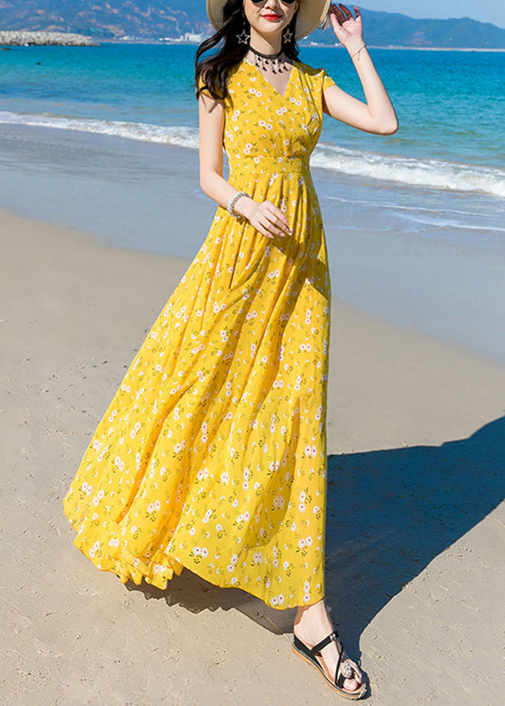 Modern Yellow V Neck Print Chiffon Long Dress Short Sleeve LY1702