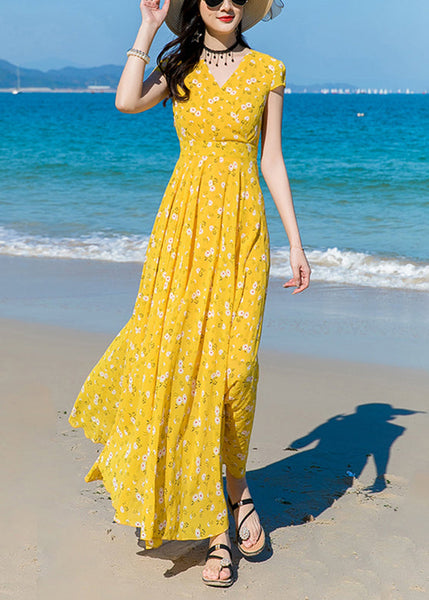 Modern Yellow V Neck Print Chiffon Long Dress Short Sleeve LY1702