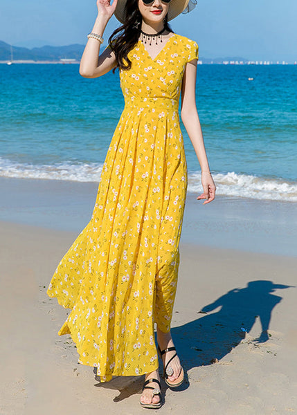 Modern Yellow V Neck Print Chiffon Long Dress Short Sleeve LY1702