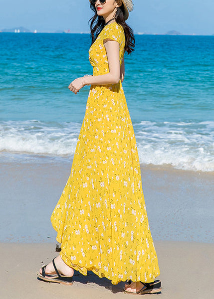 Modern Yellow V Neck Print Chiffon Long Dress Short Sleeve LY1702