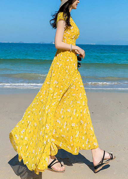 Modern Yellow V Neck Print Chiffon Long Dress Short Sleeve LY1702