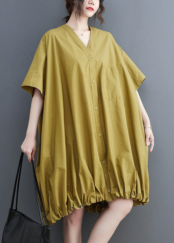 Modern Yellow V Neck Wrinkled Button Solid Maxi Dresses Short Sleeve AC2059