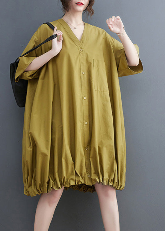 Modern Yellow V Neck Wrinkled Button Solid Maxi Dresses Short Sleeve AC2059