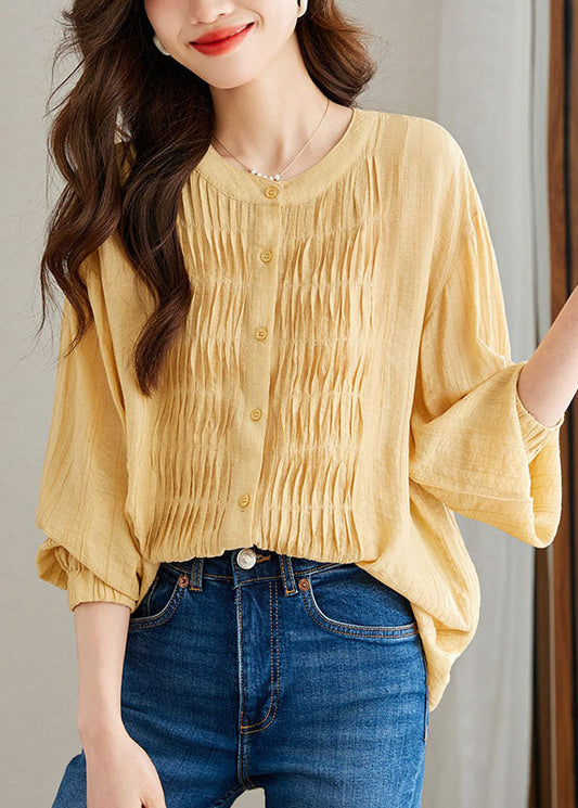 Modern Yellow Wrinkled Button Patchwork Chiffon Top Long Sleeve TQ1056