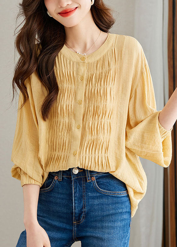 Modern Yellow Wrinkled Button Patchwork Chiffon Top Long Sleeve TQ1056