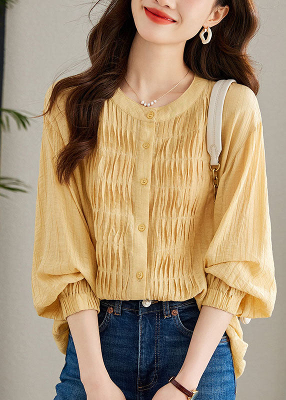 Modern Yellow Wrinkled Button Patchwork Chiffon Top Long Sleeve TQ1056