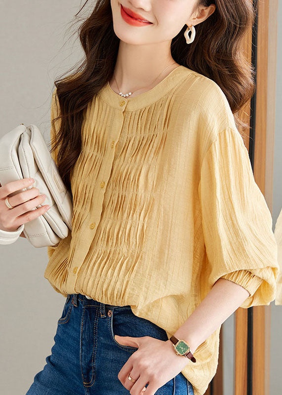 Modern Yellow Wrinkled Button Patchwork Chiffon Top Long Sleeve TQ1056