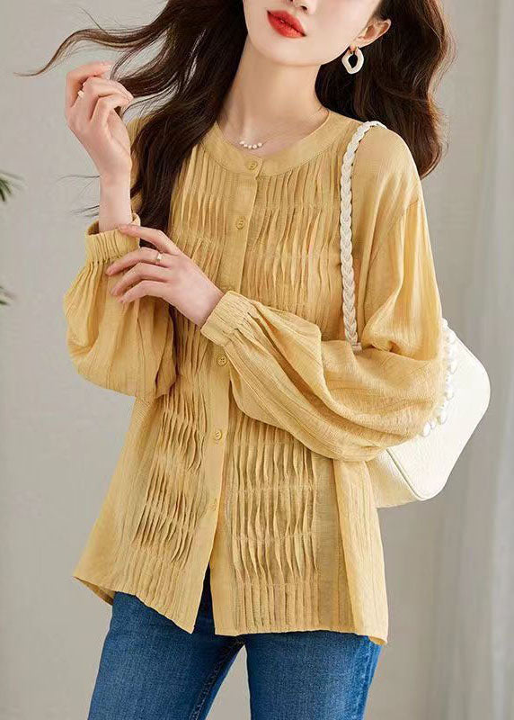 Modern Yellow Wrinkled Button Patchwork Chiffon Top Long Sleeve TQ1056