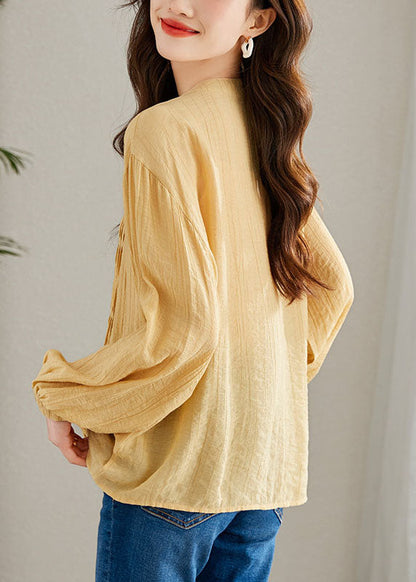 Modern Yellow Wrinkled Button Patchwork Chiffon Top Long Sleeve TQ1056