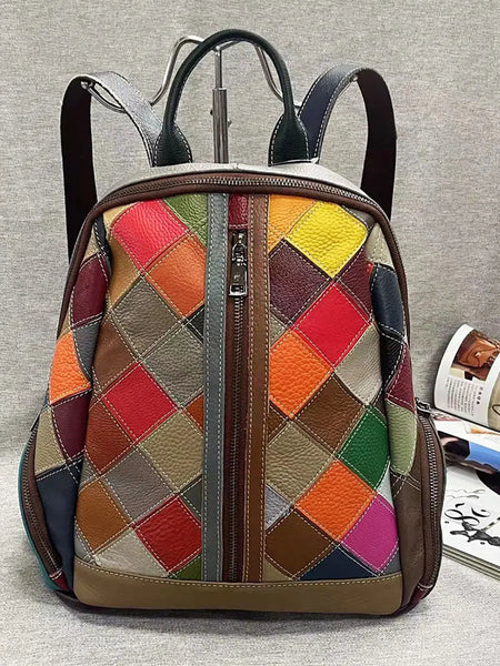 Multicolor Rhomboids Leather Spliced Zipper Backpack Ada Fashion