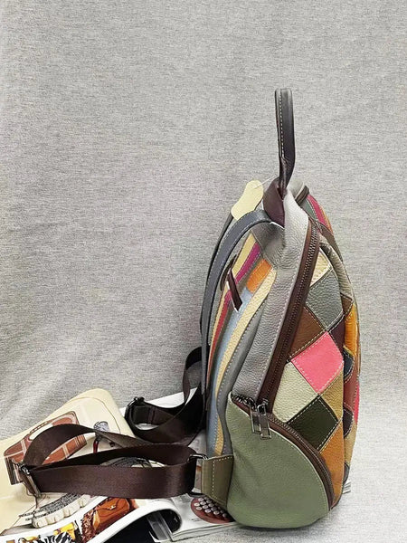 Multicolor Rhomboids Leather Spliced Zipper Backpack Ada Fashion
