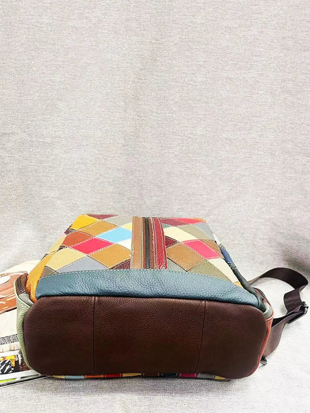 Multicolor Rhomboids Leather Spliced Zipper Backpack Ada Fashion