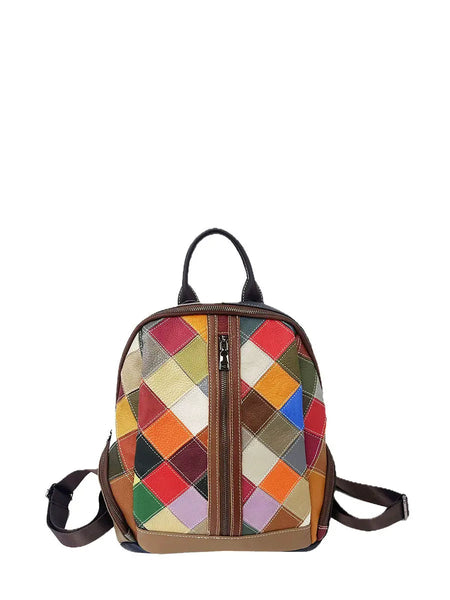 Multicolor Rhomboids Leather Spliced Zipper Backpack Ada Fashion