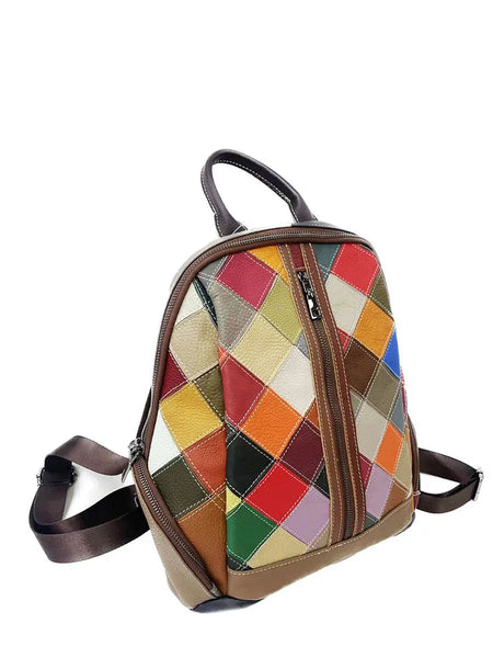 Multicolor Rhomboids Leather Spliced Zipper Backpack Ada Fashion