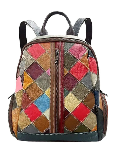 Multicolor Rhomboids Leather Spliced Zipper Backpack Ada Fashion