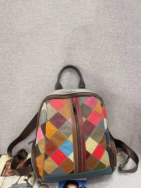 Multicolor Rhomboids Leather Spliced Zipper Backpack Ada Fashion