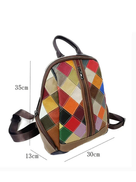 Multicolor Rhomboids Leather Spliced Zipper Backpack Ada Fashion