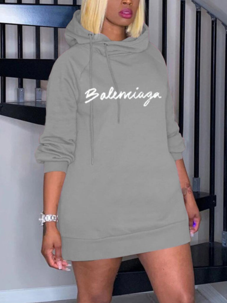 Plus Size Hooded Collar Letter Print Sweat Dress BO3017