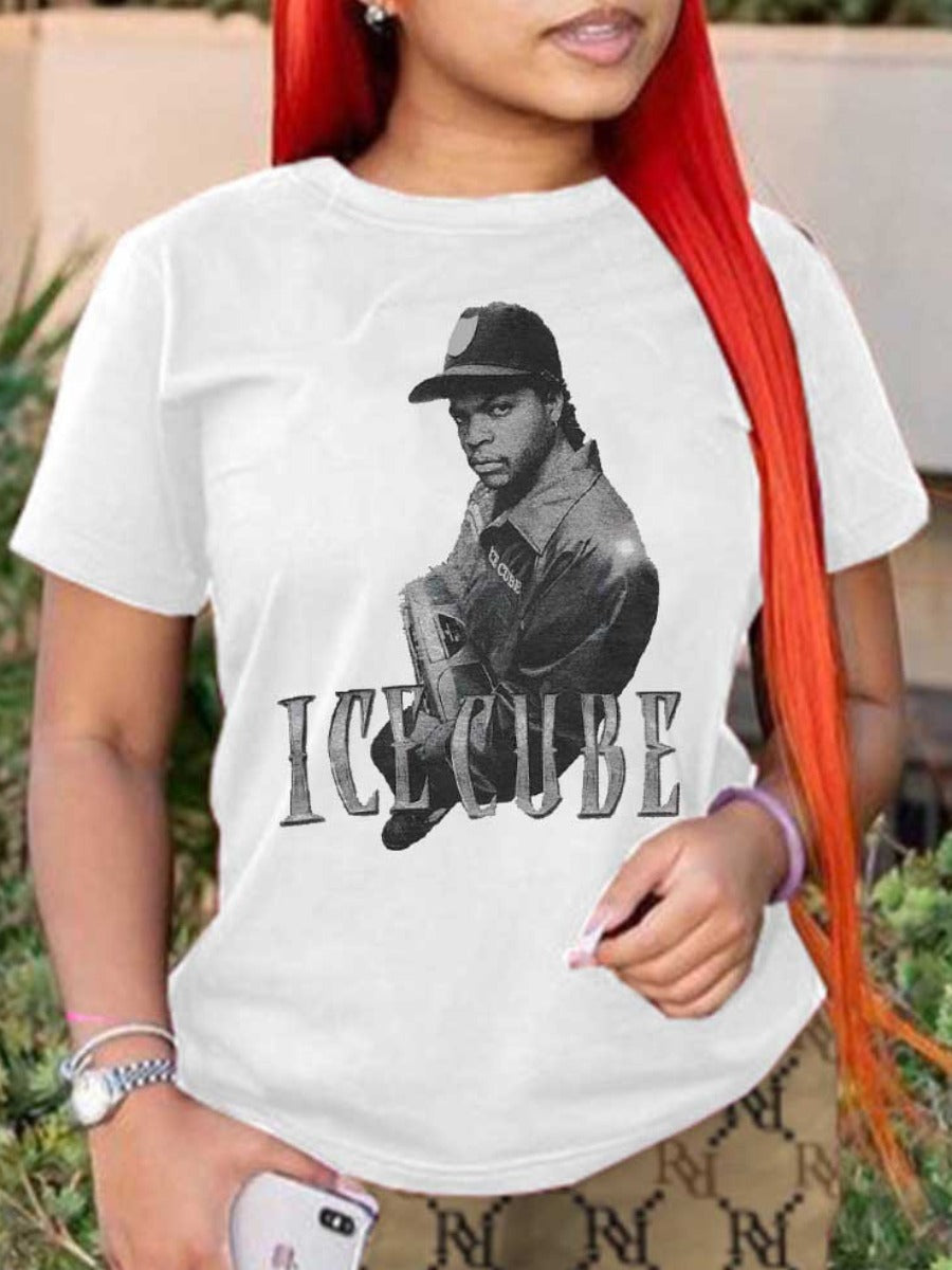 COTTON Plus Size Figure Letter Print T-shirt AR70107