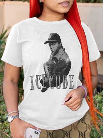 COTTON Plus Size Figure Letter Print T-shirt AR70107