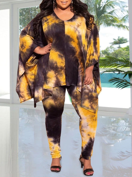 Plus Size Batwing Sleeve Tie Dye Pants Set AT9072