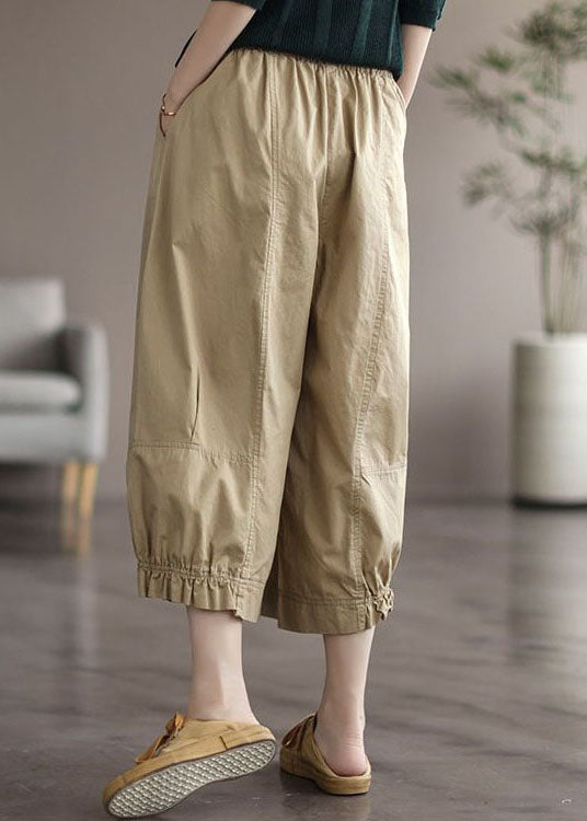 Natural Apricot Pockets Wrinkled Patchwork Cotton Crop Pants Summer LY0580