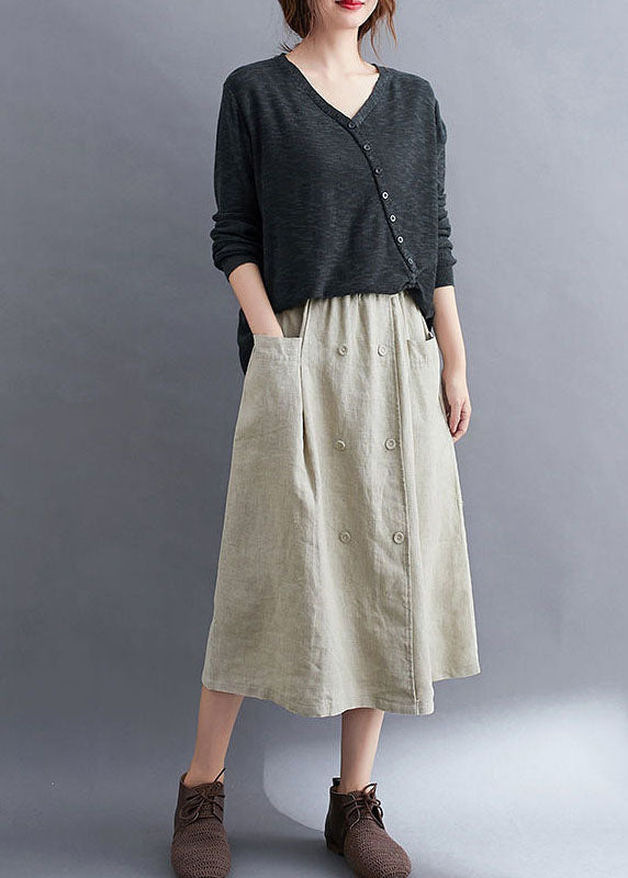 Natural Apricot Wrinkled Pockets Patchwork Linen Skirts Summer LY0610