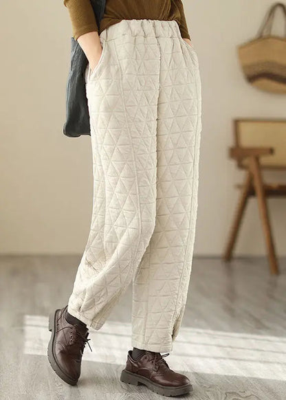 Natural Beige Elastic Waist Fleece Pants Winter Ada Fashion