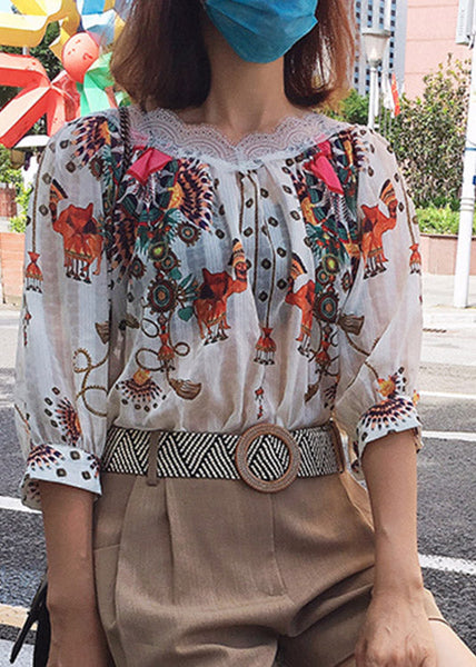 Chemise d'été en soie imprimée beige naturel à col rond LY1520