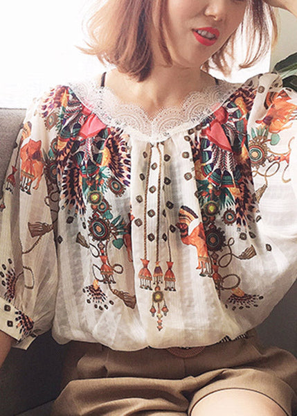 Chemise d'été en soie imprimée beige naturel à col rond LY1520