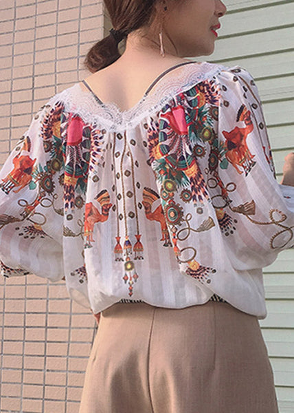 Chemise d'été en soie imprimée beige naturel à col rond LY1520