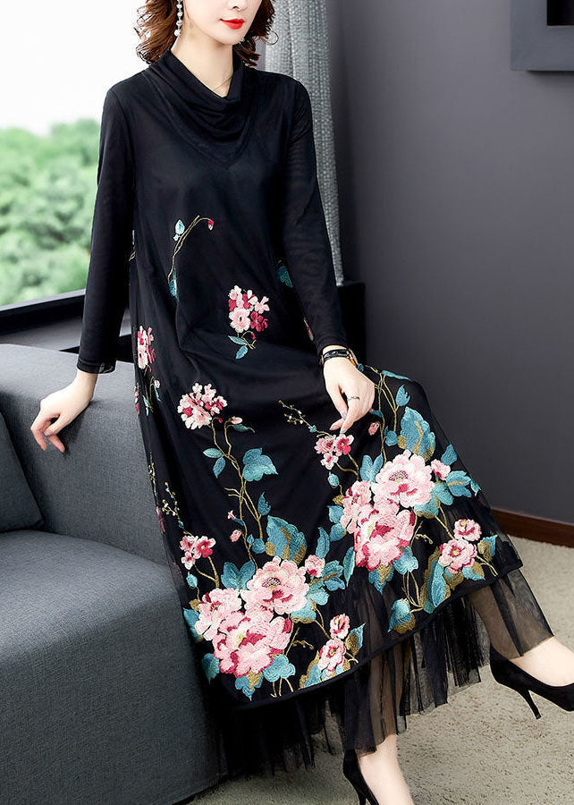 Natural Black Embroideried Patchwork Silk Holiday Dress Spring LC0210