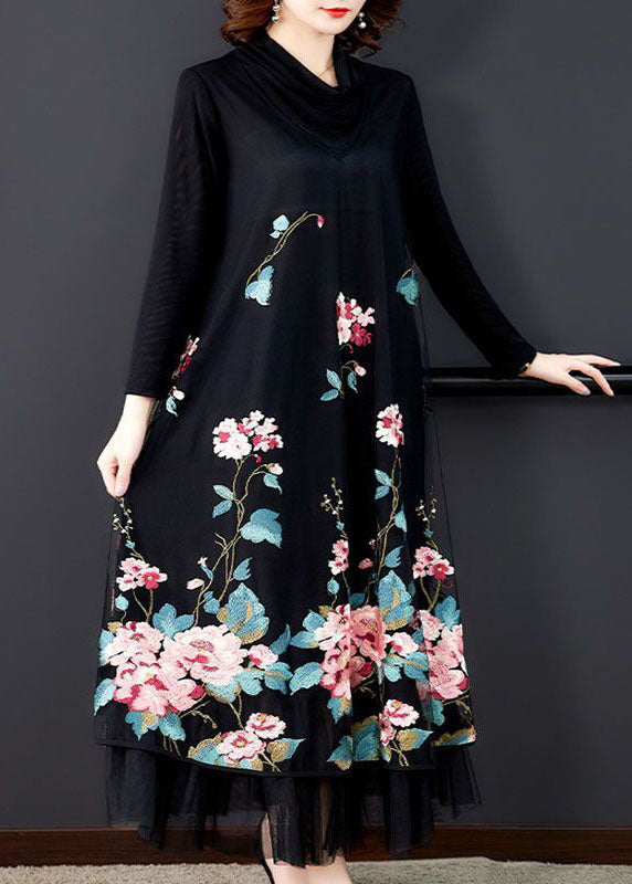 Natural Black Embroideried Patchwork Silk Holiday Dress Spring LC0210