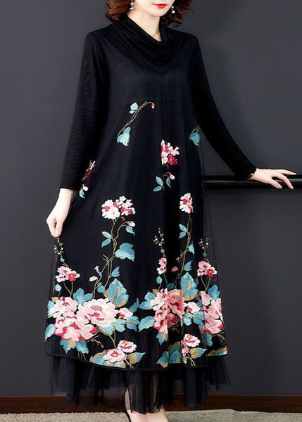 Natural Black Embroideried Patchwork Silk Holiday Dress Spring LY1728
