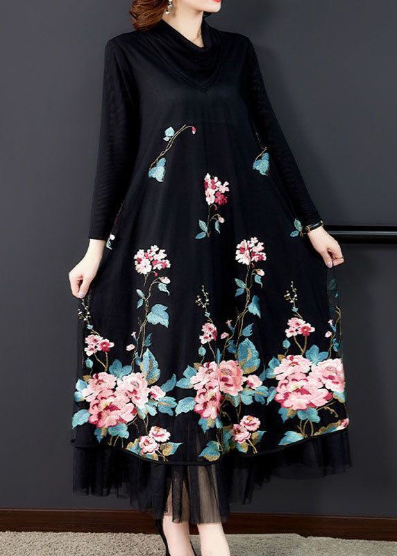 Natural Black Embroideried Patchwork Silk Holiday Dress Spring LC0210