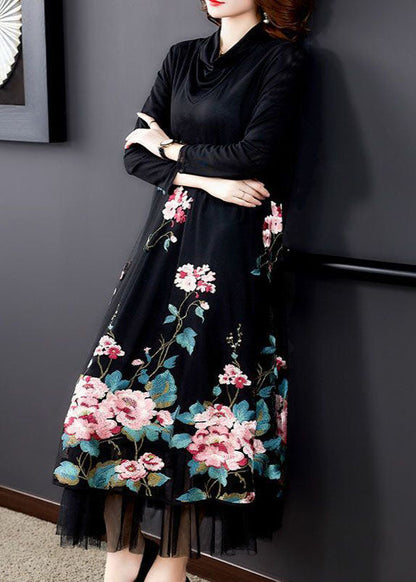 Natural Black Embroideried Patchwork Silk Holiday Dress Spring LC0210