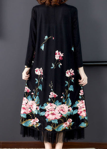 Natural Black Embroideried Patchwork Silk Holiday Dress Spring LC0210