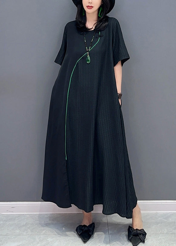 Natural Black O-Neck Patchwork Long Dresses Short Sleeve LC0306