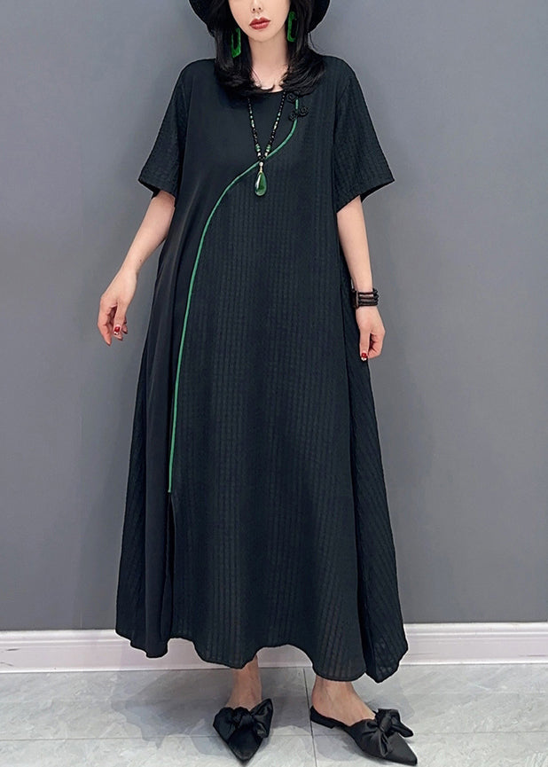 Natural Black O-Neck Patchwork Long Dresses Short Sleeve