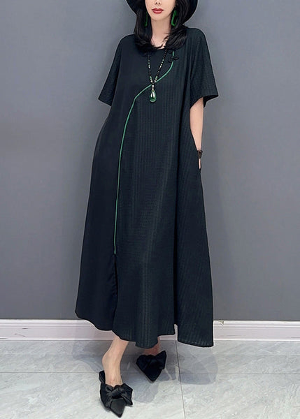 Natural Black O-Neck Patchwork Long Dresses Short Sleeve LC0306