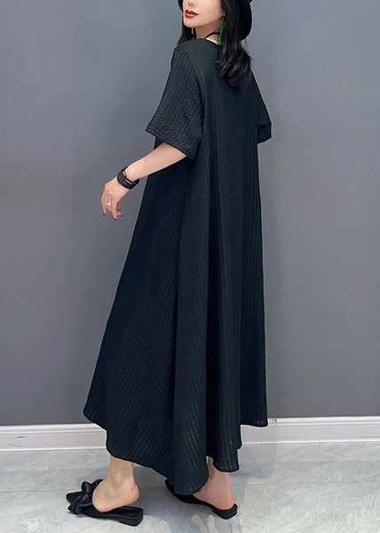 Natural Black O-Neck Patchwork Long Dresses Short Sleeve LC0306