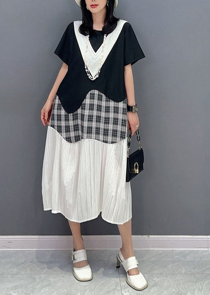 Robes d'été en coton patchwork noir naturel à col rond et froissé