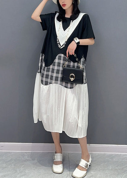 Robes d'été en coton patchwork noir naturel à col rond et froissé