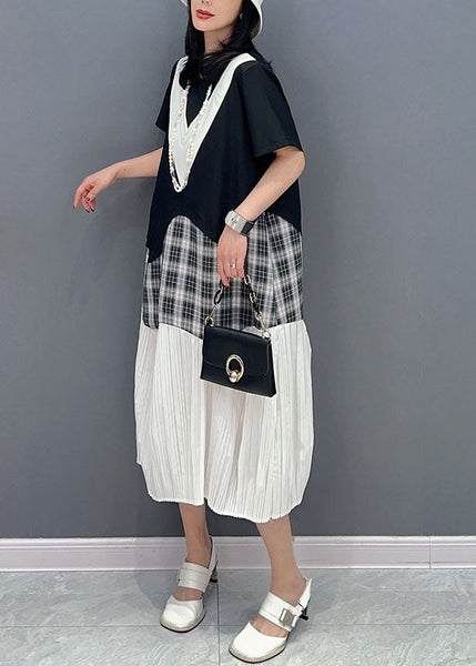 Robes d'été en coton patchwork noir naturel à col rond et froissé