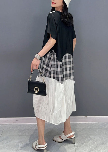 Robes d'été en coton patchwork noir naturel à col rond et froissé