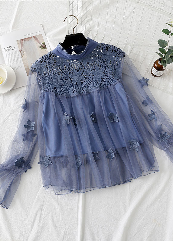 Natural Blue Hollow Out Embroideried Patchwork Tulle Two Piece Set Spring LY1472