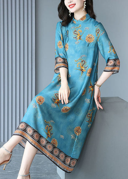 Natural Blue Mandarin Collar Print Silk Long Dress Bracelet Sleeve FR2015