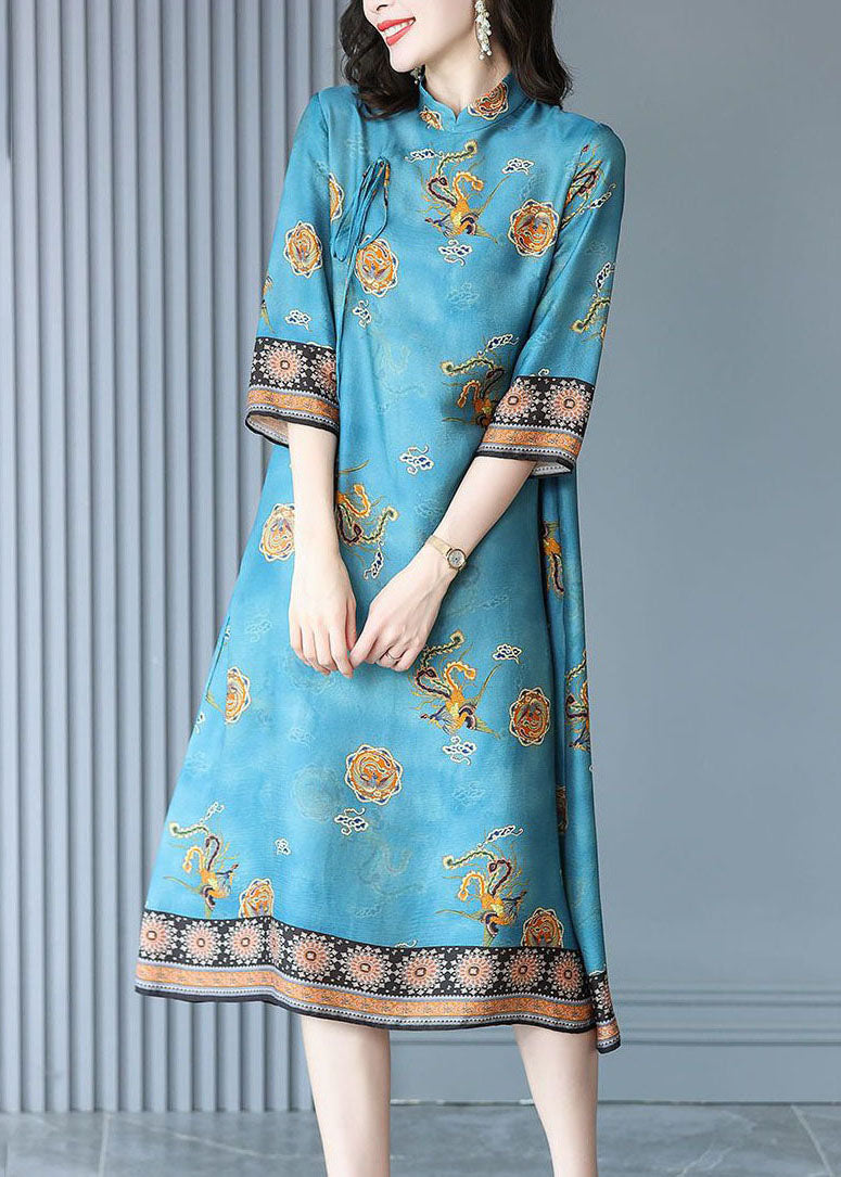 Natural Blue Mandarin Collar Print Silk Long Dress Bracelet Sleeve FR2015