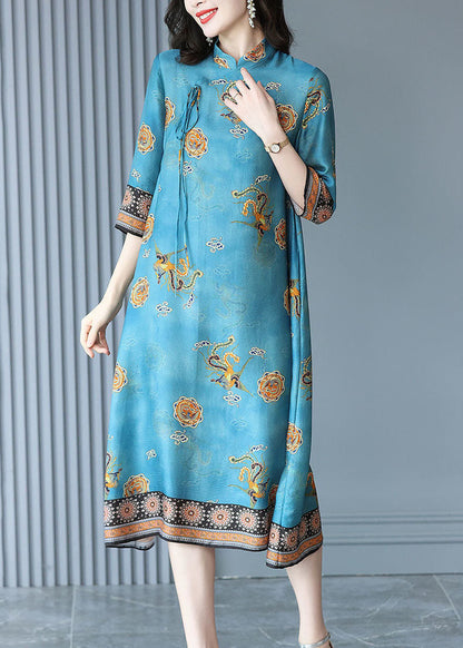 Natural Blue Mandarin Collar Print Silk Long Dress Bracelet Sleeve FR2015